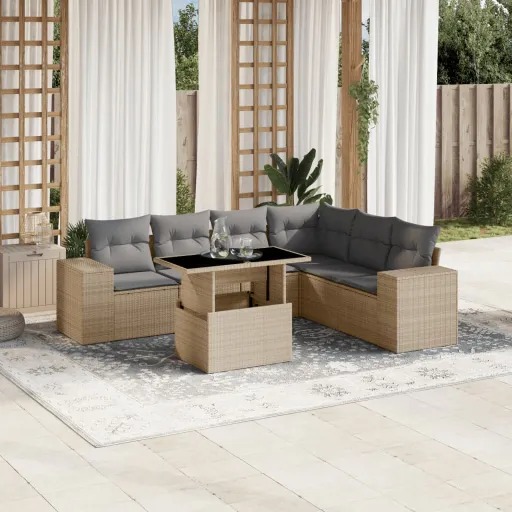 Conjunto de Sofás p/ Jardim com Almofadões Vime PE Bege (7 pcs)