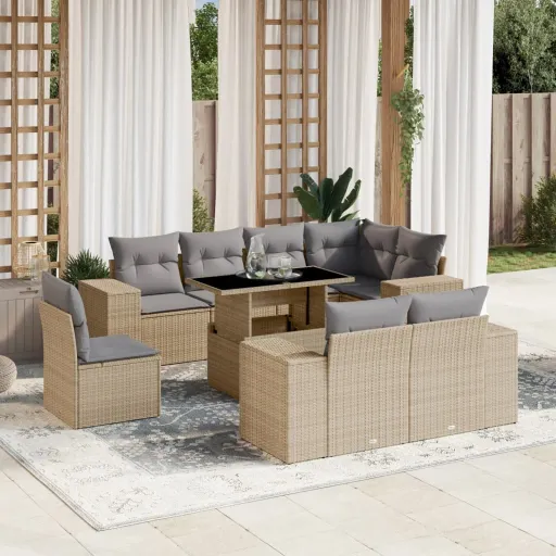 Conjunto de Sofás p/ Jardim com Almofadões Vime PE Bege (9 pcs)