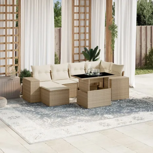 Conjunto de Sofás p/ Jardim com Almofadões Vime PE Bege (7 pcs)