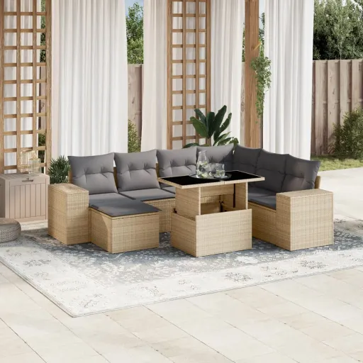 Conjunto de Sofás p/ Jardim com Almofadões Vime PE Bege (8 pcs)