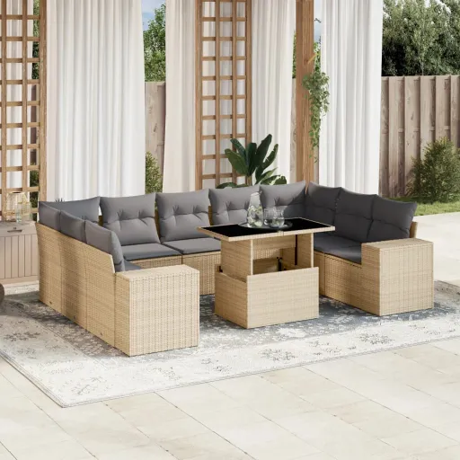 Conjunto de Sofás p/ Jardim com Almofadões Vime PE Bege (10 pcs)