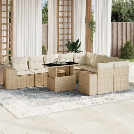 Conjunto de Sofás p/ Jardim com Almofadões Vime PE Bege (10 pcs)
