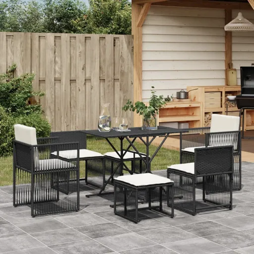 Conjunto de Jantar p/ Jardim c/ Almofadões Vime PE Preto (7 pcs)