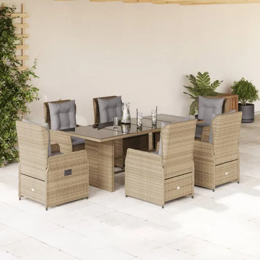Conjunto de Jantar p/ Jardim com Almofadões Vime PE Bege (7 pcs)