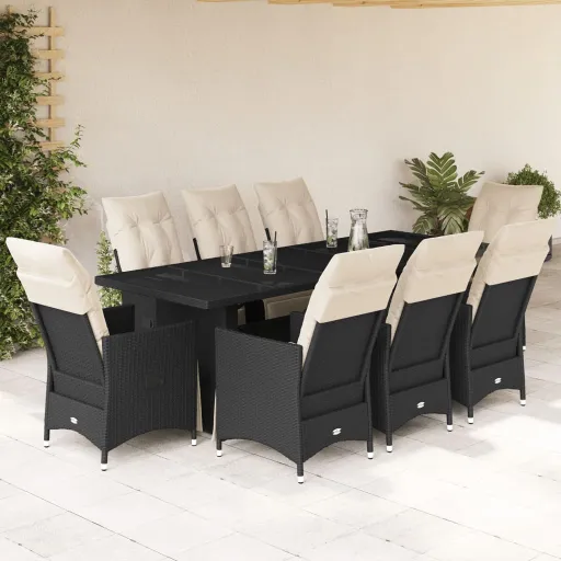 Conjunto de Bistrô p/ Jardim c/ Almofadões Vime PE Preto (9 pcs)