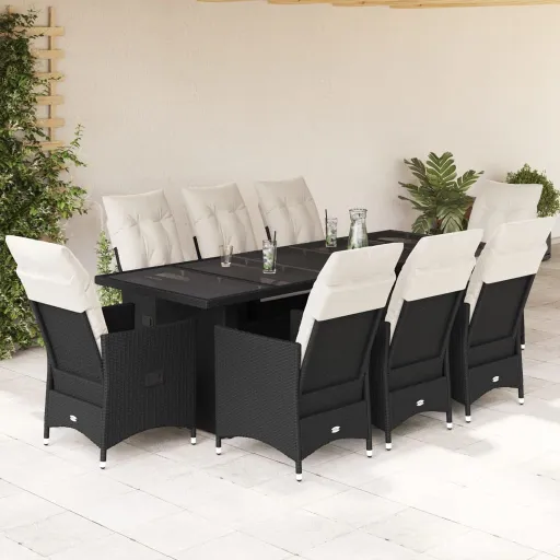 Conjunto de Bistrô p/ Jardim c/ Almofadões Vime PE Preto (9 pcs)