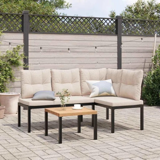 Bancos de Jardim com Almofadões   Aço Revestido a pó Preto (3 pcs)