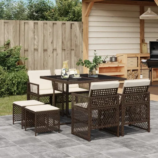 Conjunto Jantar p/ Jardim c/ Almofadões Vime PE Castanho (9 pcs)