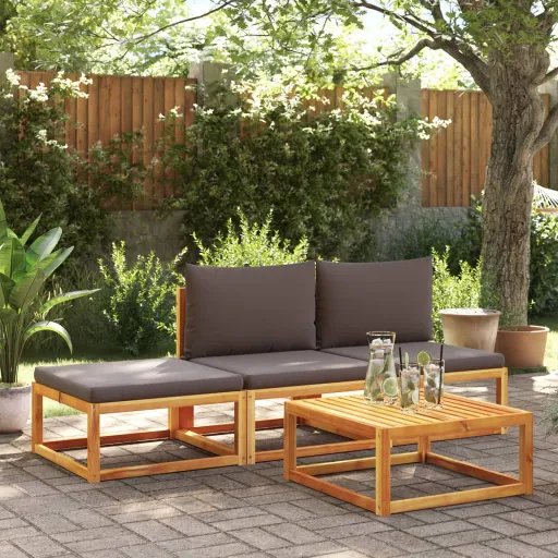 Conjunto de Sofás de Jardim  de 4 Peças com Almofadas de Madeira de Acácia e Vime