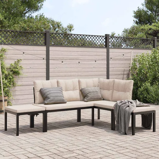 Sofás de Jardim com Almofadões Aço Revestido a pó Preto (4 pcs)