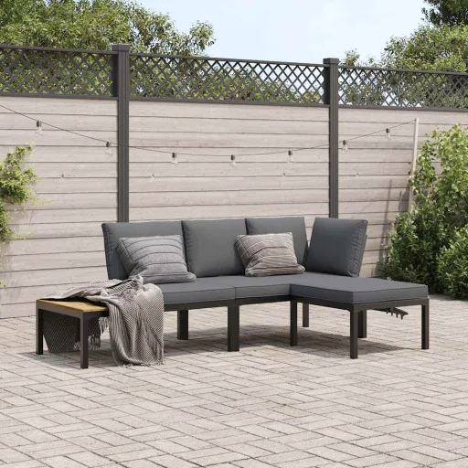 Conjunto de Sofás p/ Jardim c/ Almofadões Alumínio Preto (3 pcs)