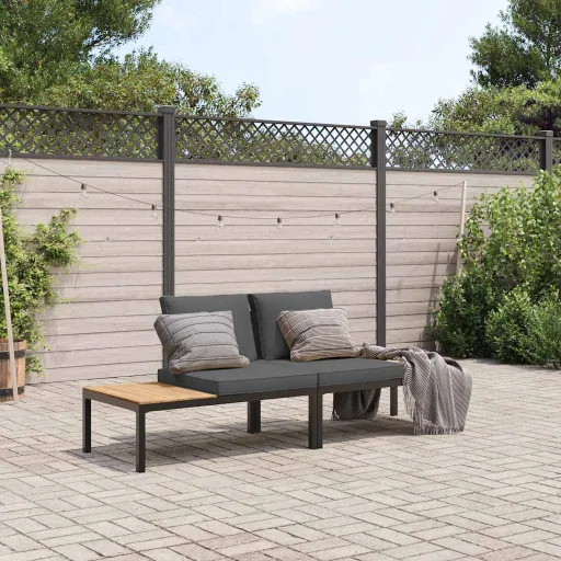 Conjunto de Sofás p/ Jardim c/ Almofadões Alumínio Preto (2 pcs)