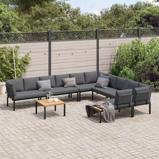 Conjunto de Sofás p/ Jardim c/ Almofadões Alumínio Preto (7 pcs)