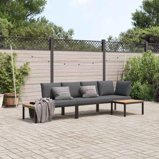 Conjunto de Sofás p/ Jardim c/ Almofadões Alumínio Preto (3 pcs)