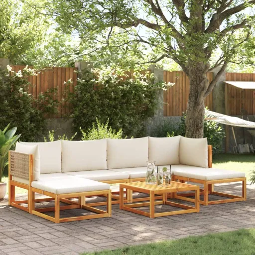 Conjunto de Sofás de Jardim  de 7 Peças com Almofadas de Madeira de Acácia e Vime
