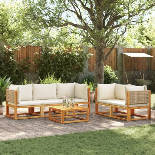 Conjunto de Sofás de Jardim  de 6 Peças com Almofadas de Madeira de Acácia e Vime