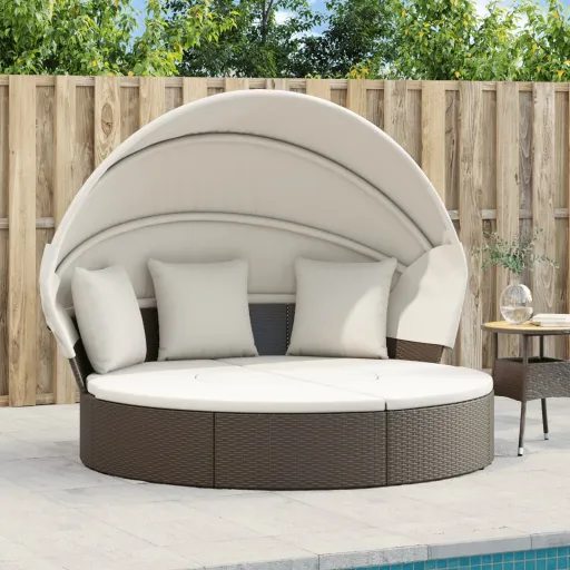 Cama Lounge de Exterior c/ Toldo e Almofadões Vime PE Castanho