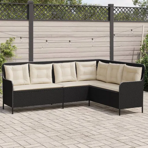 Sofá de Jardim em Forma de L com Almofadões Vime PE Preto