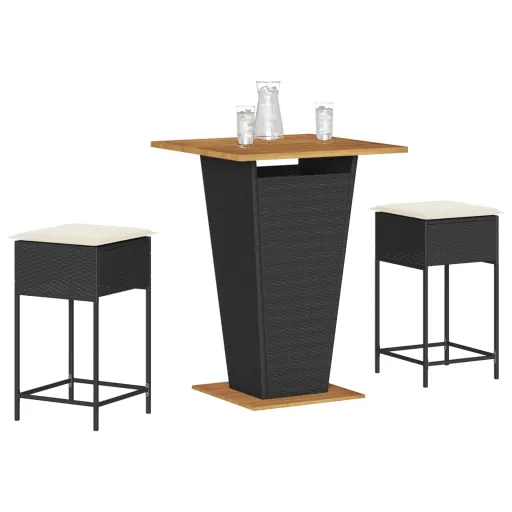 Conjunto de Bar para Jardim c/ Almofadões Vime PE Preto (3 pcs)