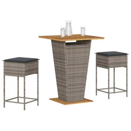 Conjunto de Bar p/ Jardim c/ Almofadões Vime PE Cinzento (3 pcs)