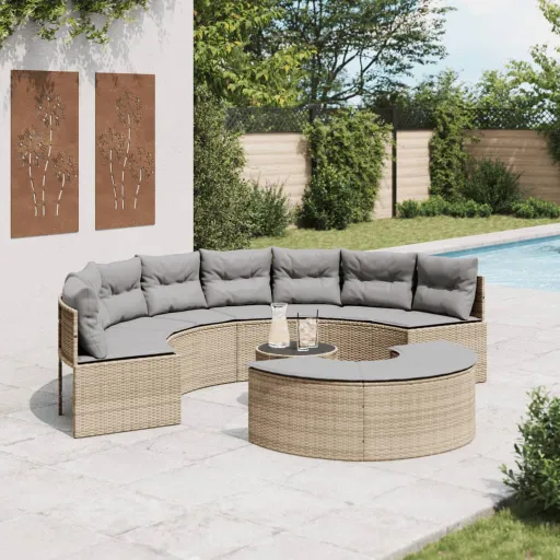 Conjunto de Sofás de Jardim Semicircular Vime PE Bege (3 pcs)