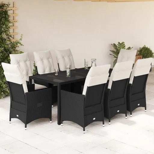 Conjunto de Jantar p/ Jardim c/ Almofadões Vime PE Preto (9 pcs)