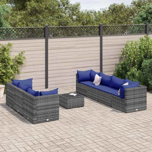 Conjunto Lounge de Jardim c/ Almofadões Vime PE Cinzento (8 pcs)