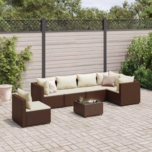 Conjunto Lounge de Jardim c/ Almofadões Vime PE Castanho (7 pcs)