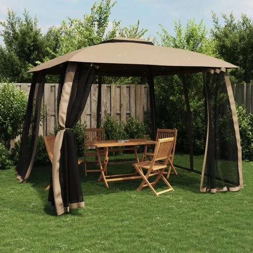 Gazebo c/ Teto Duplo/Paredes de Malha Aço Cinzento-Acastanhado