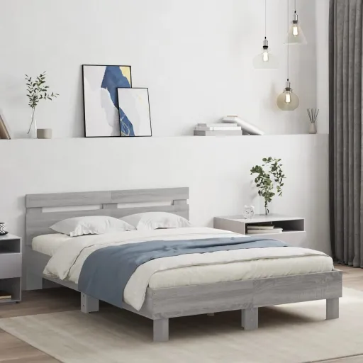 Estrutura Cama c/ Cabeceira/Luzes LED 120x190cm Cinzento Sonoma