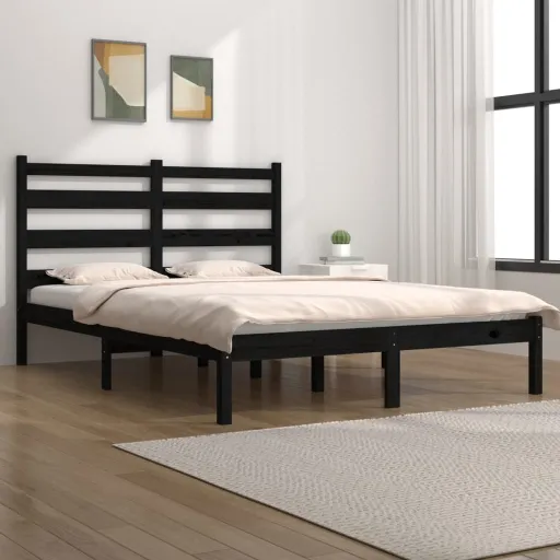 Estrutura de Cama 140x190 cm Madeira de Pinho Maciça Preto