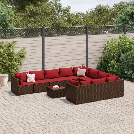 Conjunto Sofás de Jardim c/ Almofadões Vime PE Castanho (11 pcs)