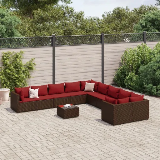 Conjunto Sofás de Jardim c/ Almofadões Vime PE Castanho (11 pcs)