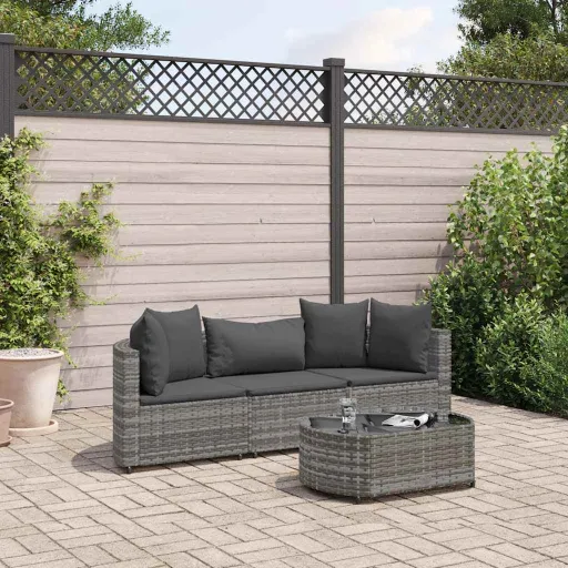 Conjunto Sofás de Jardim c/ Almofadões Vime PE Cinzento (4 pcs)