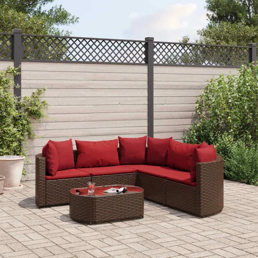 Conjunto de Sofás Jardim c/ Almofadões Vime PE Castanho (6 pcs)