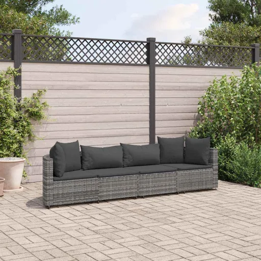 Conjunto Sofás de Jardim c/ Almofadões Vime PE Cinzento (4 pcs)