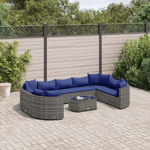Conjunto Sofás de Jardim c/ Almofadões Vime PE Cinzento (10 pcs)