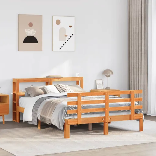 Estrutura Cama c/ Cabeceira 140x190cm Pinho Maciço Castanho-Mel