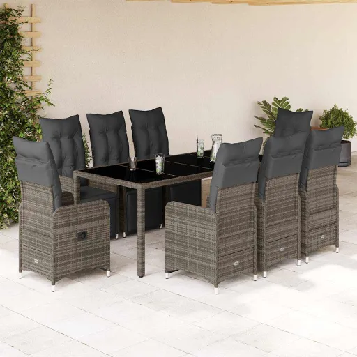 Conjunto Bistrô de Jardim c/ Almofadões Vime PE Cinzento (9 pcs)