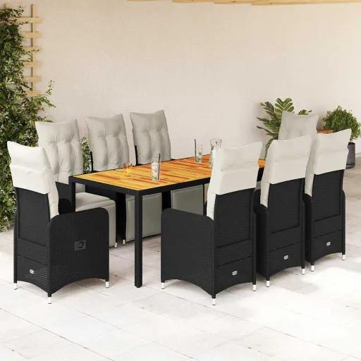 Conjunto de Bistrô p/ Jardim c/ Almofadões Vime PE Preto (9 pcs)