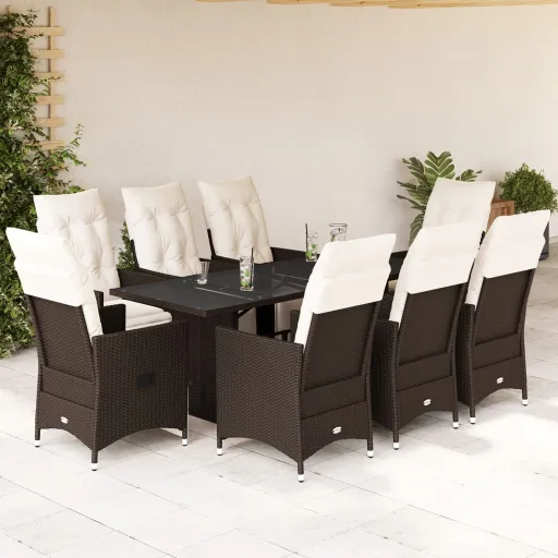 Conjunto Bistrô de Jardim c/ Almofadões Vime PE Castanho (9 pcs)