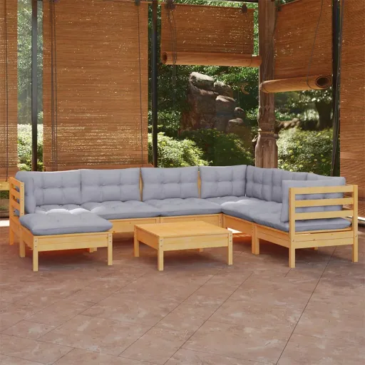 Conjunto Lounge de Jardim + Almofadões Cinza Pinho Maciço (8 pcs)
