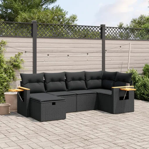 Conjunto Sofás de Jardim c/ Almofadões Vime PE Preto (6 pcs)