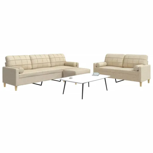 Conjunto de Sofás c/ Almofadas/Apoio Pés Tecido Creme (3 pcs)