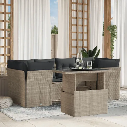 Conj. Sofás Jardim com Almofadões Vime PE Cinzento-Claro (7 pcs)