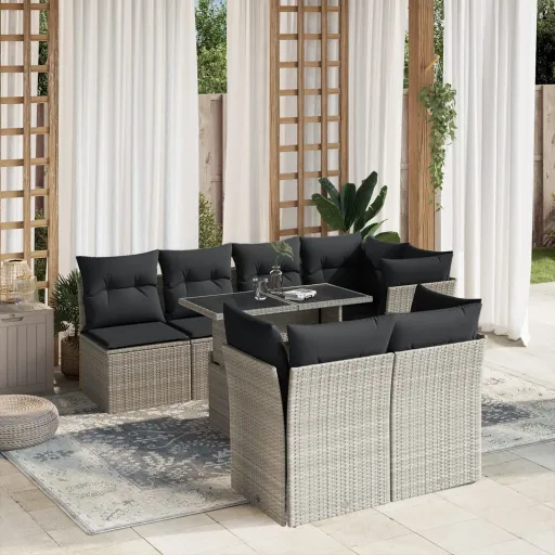 Conj. Sofás Jardim c/ Almofadões Vime PE Cinzento-Claro (8 pcs)