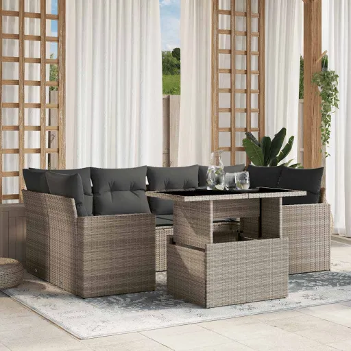 Conj. Sofás Jardim com Almofadões Vime PE Cinzento-Claro (7 pcs)