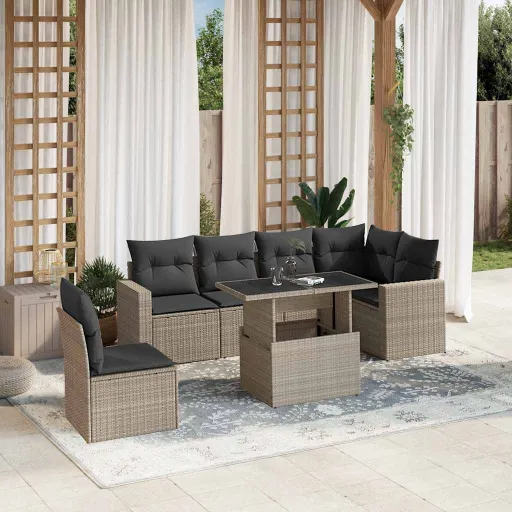 Conj. Sofás Jardim com Almofadões Vime PE Cinzento-Claro (7 pcs)