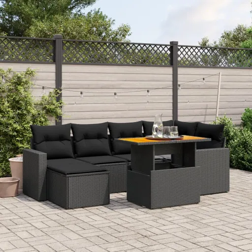 Conjunto de Sofás p/ Jardim c/ Almofadões Vime PE Preto (7 pcs)