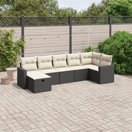Conjunto de Sofás p/ Jardim c/ Almofadões Vime PE Preto (7 pcs)